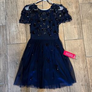 Elegant Navy Blue Open Back Embellished Dress